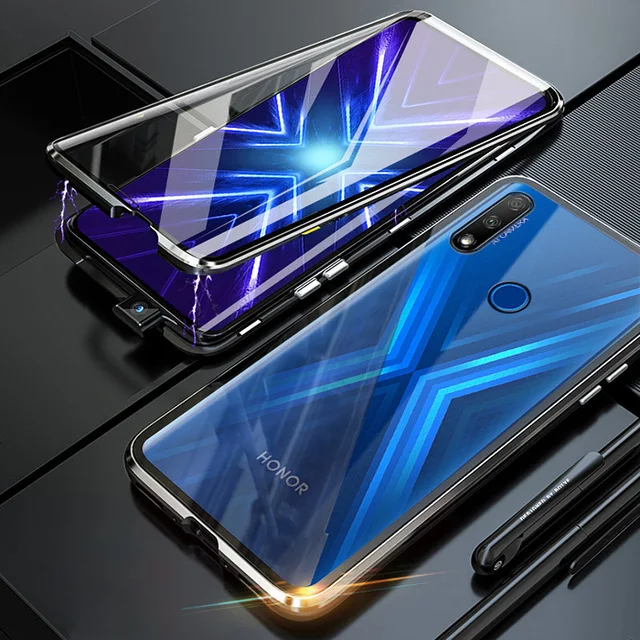 Чехол премиум класса для huawei Honor 9X с магнитной защитой 360, двойная защита из закаленного стекла, чехол для Honor 9X Global Version, металлический чехол - Цвет: Black