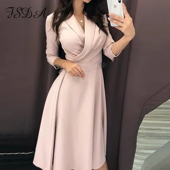 

FSDA V Neck Wrap Vintage Casual Dress A Line Elegant Office Spring Women Bow Midi Short Sleeve Party Dresses 2020