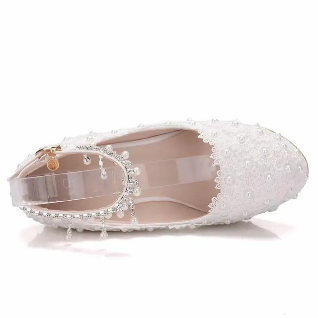 Crystal Queen White Wedges Wedding Pumps Sweet White Flower Lace Pearl Platform Pump Shoes Bride Dress High Heels 2