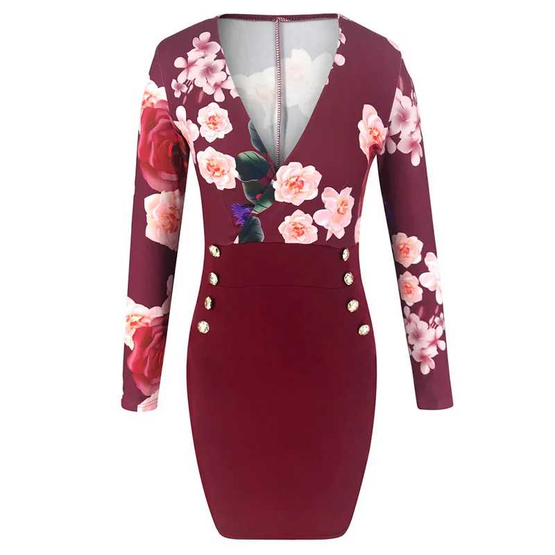 Для женщин Bodycon платье красочный цветочный Печатный платье с глубоким v-образным вырезом Высокая Талия кнопка карман, мини, сексуальное, Клубное, Платья для вечеринок женская обувь