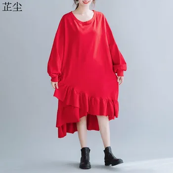 

2019 Autumn Winter Long Sleeve Vintage Ruffle Dress Plus Size Loose Big Swing Cotton Dress Oversize Hoodies Dress For Women 5XL