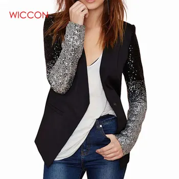 

2020 Spring Glitter Blazer Sequin Patchwork Sleeve Slim Fit Club Jacket Coats Female Outwear Plus Size 3XL 4XL Black