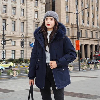 

2020 Winter Women Long Jacket With Zipper Plus Size Hooded Women's Parkas Thick Fur Collar Cotton Padded Solid Casual Overcoat