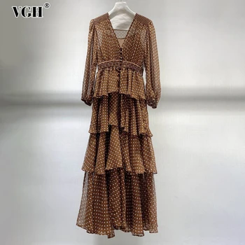 

VGH Vintage Dot Dress For Women V Neck Lantern Sleeve High Waist Elegant Midi Dresses Female Fashion New Clothing Autumn 2020