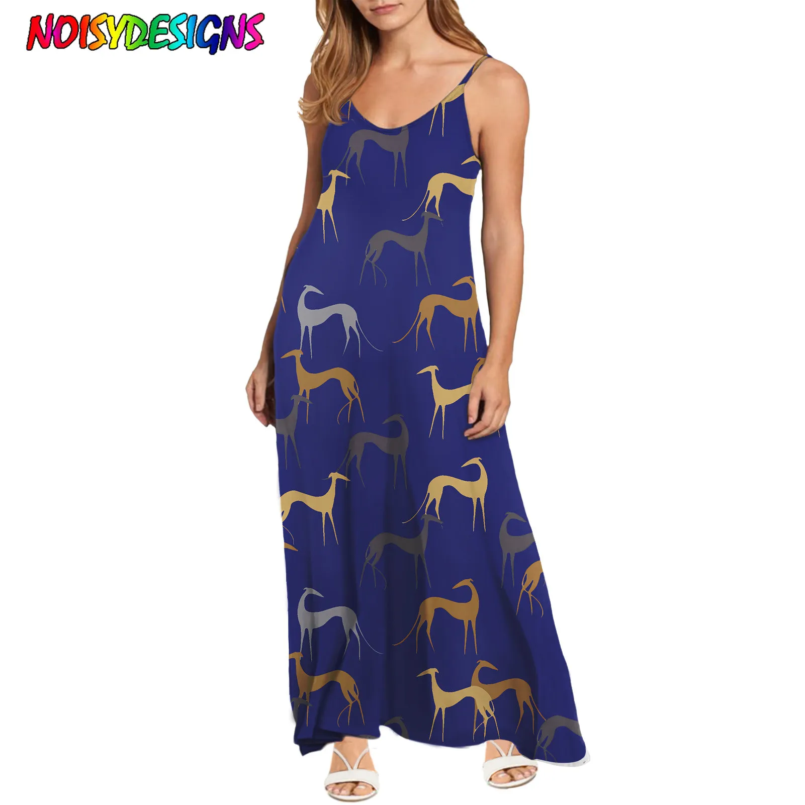 

NOISYDESIGNS Women's Summer Dress Greyhound Dog Printing Sundress Beach Holiday Loose Causal Long Maxi Robe Roupas Femininas