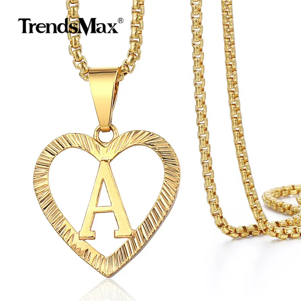 

A-Z Initial Letter Pendant Necklace Gold Alphabet Charm Heart Chain Box Link Gold Stainless Steel for Women Girl Gift GP372
