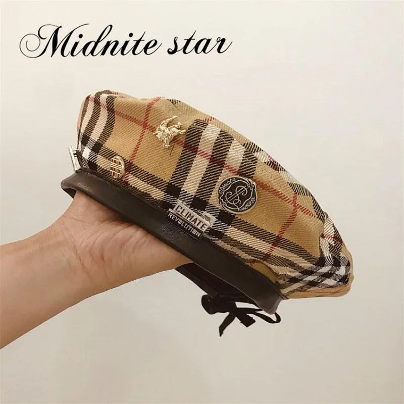 Midnite star, новинка, Осень-зима, клетчатый берет, шапки для женщин, французские модные береты, женские береты, черные береты с регулируемой веревочкой