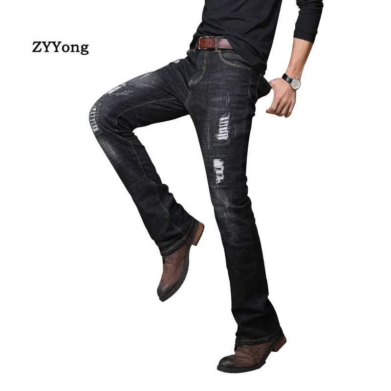 ZYYong Mens  Casual Slim   Flared Ripped  Jeans Long Denim Pants Men's Flare Bell Bottom  For  Boot Cut Stretch Jeans Homme Blue