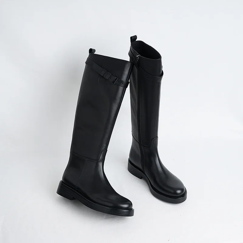 

2020 Genuine Leather Knight Round Head Thick Bottomed With Side Zipper Hasp In Boots Woman