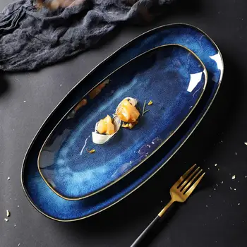 

Deep ceramic plates blue plates tableware dishes snack plates serving tray long oval tray