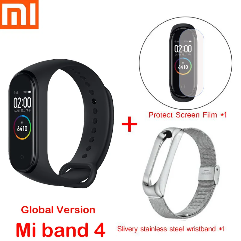 Global mi4 add strap Xiaomi mi браслет, 4 браслета/Xiaomi mi, 3 браслета, пульсометр, фитнес, цветной экран, Bluetooth 5,0, умный mi Band 4, для IOS, Android - Цвет: Global mi4 add strap