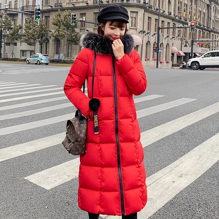 Красный X-long parkas зимнее женское пальто Толстая теплая куртка с большим меховым воротником для женщин плюс размер повседневная утепленная куртка-парка из синтепона - Цвет: Красный