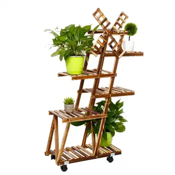 

6 Type Furniture Wood Flower Rack Plant Stand with roller Multi layer Flower Shelf Wedding Decor Garden Bonsai Display Windmill