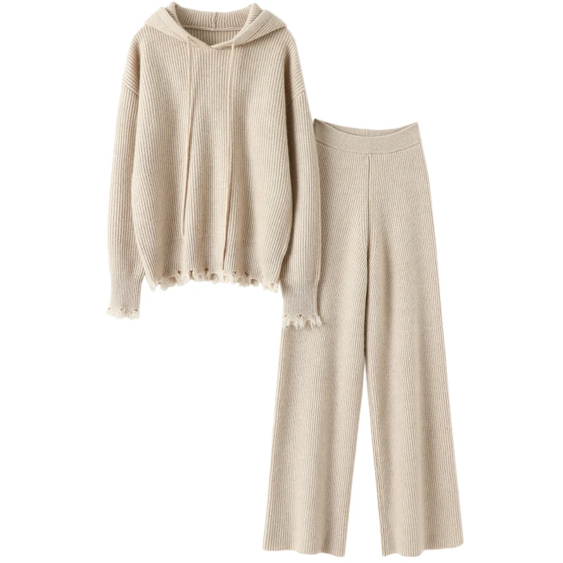 

aliaga italy luxury winter ribbed knit 100% cashmere 2 piece set women's thick hoodies plus elegant joggers
