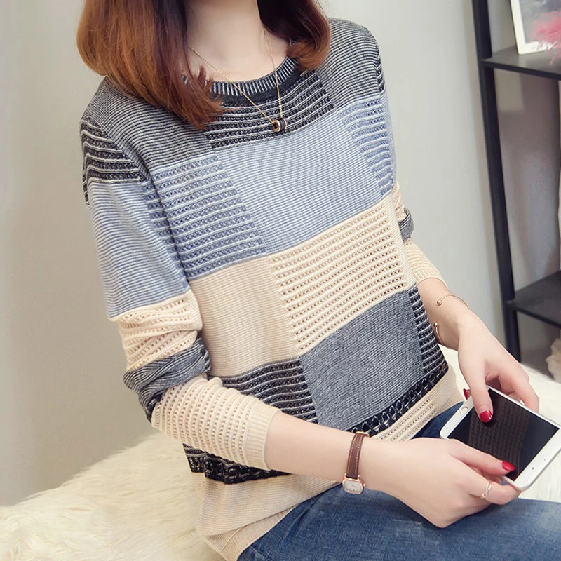Early Autumn Women Dress Korean Casual Style Mixed Colors Loose Fit Stripe Long Sleeve Base Shirt Sweater Pullove New Style Early Autumn Women Dress Korean Casual Style Mixed Colors Loose Fit Stripe Long Sleeve Base Shirt Sweater Pullove New Style