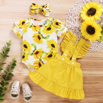 

Infant Baby Girls Romper + Skirt + Headband 3 Piece Outfit Sunflower Pattern Printed Ruffled Clothes