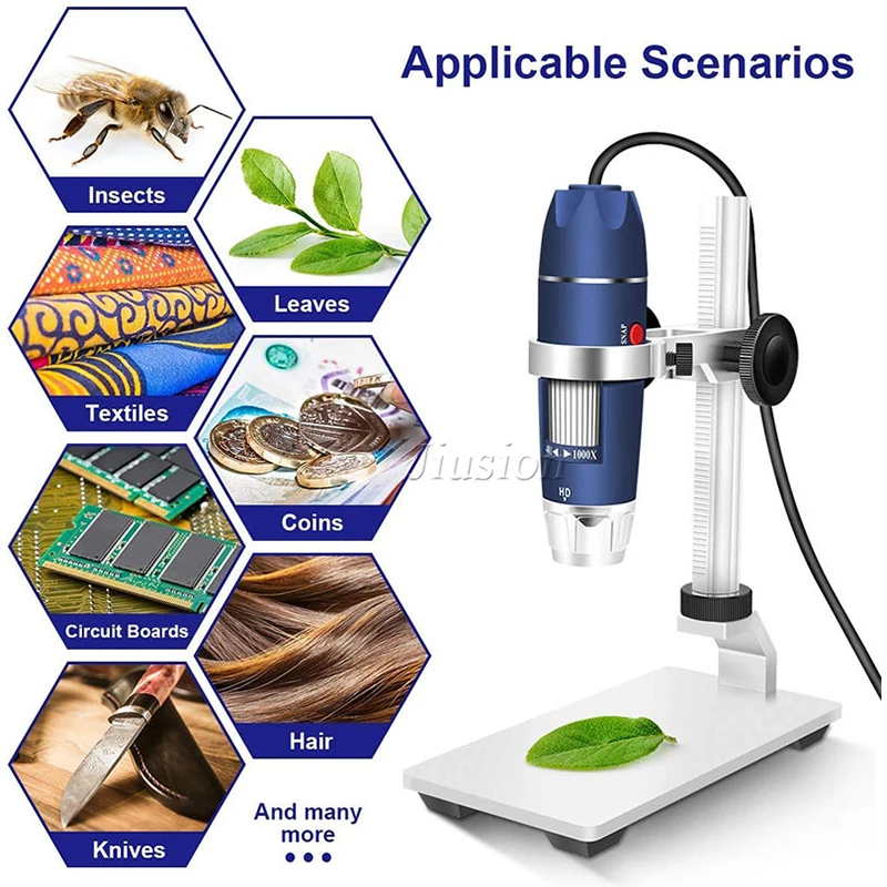 2K USB Digital Microscope 40X to 1000X Portable Magnifier Endoscope Camera 8 LEDs Aluminum Alloy Stand for OTG Android Mac Wins