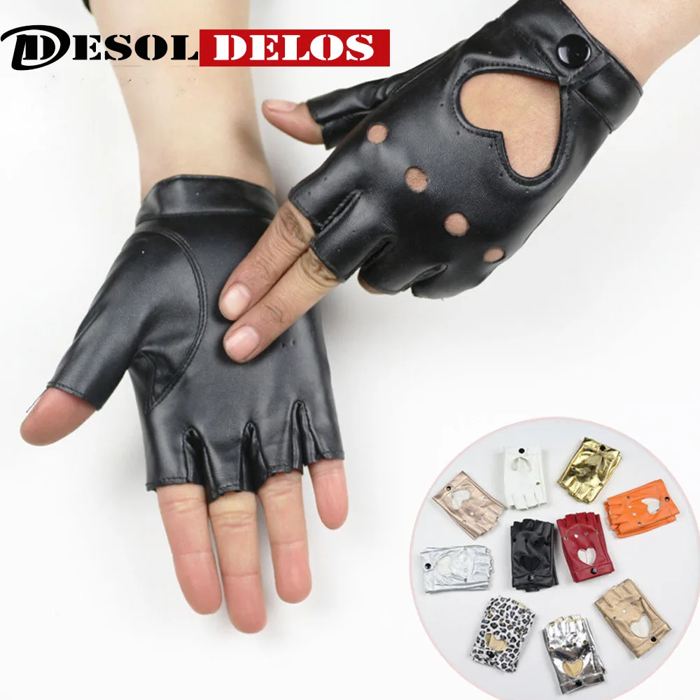 

DesolDelos Women's Semi Finger Hip Hop Gloves Lady's Leather Heart Cutout Sexy Fingerless Gloves Girls Performance Dancing Glove