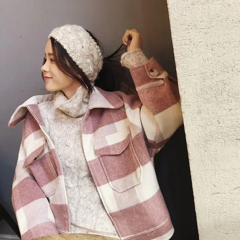 Новое корейское Женское шерстяное пальто с отложным воротником Милая свободная клетчатая куртка на молнии повседневное зимнее шерстяное пальто верхняя одежда