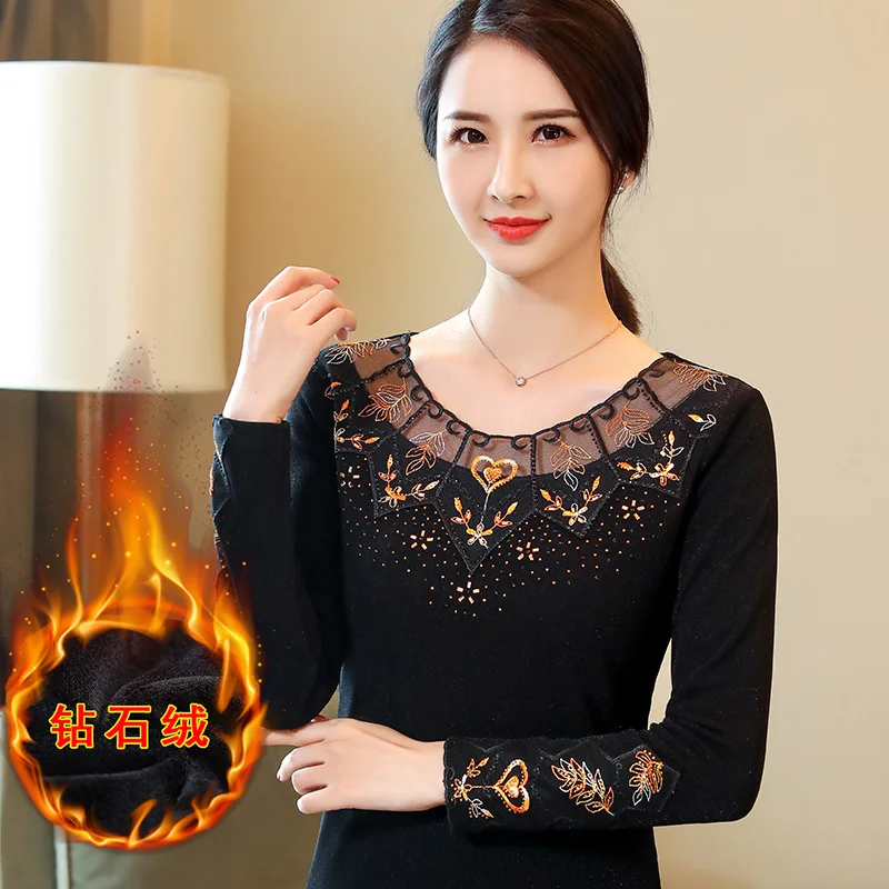 Зимняя бархатная женская футболка Джемпер Женская модная вышитая с длинным рукавом толстые теплые черные топы плюс размер blusas - Color: Black