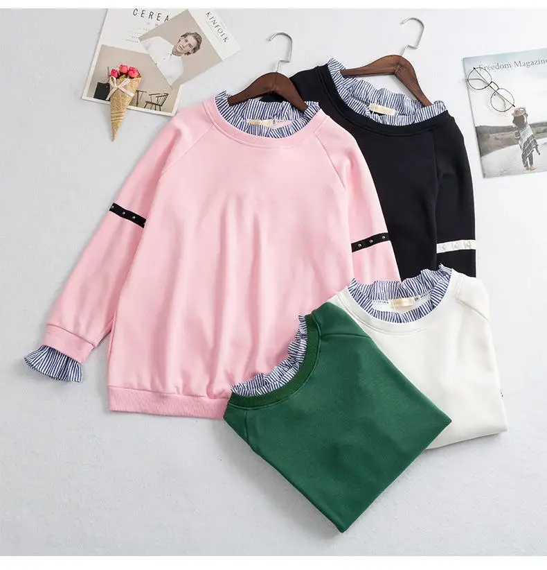 5XL 6XL Plus Size Autumn Women Sweatshirt Winter Casual Long Sleeve Striped Patchwork Pullover Large Size Loose Sweatshirts Tops