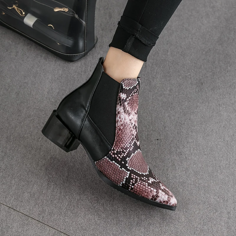 WETKISS/ботинки из искусственной кожи со змеиным узором женские ботильоны «Челси» женская обувь на толстом каблуке Женская эластичная обувь с острым носком женская зимняя обувь