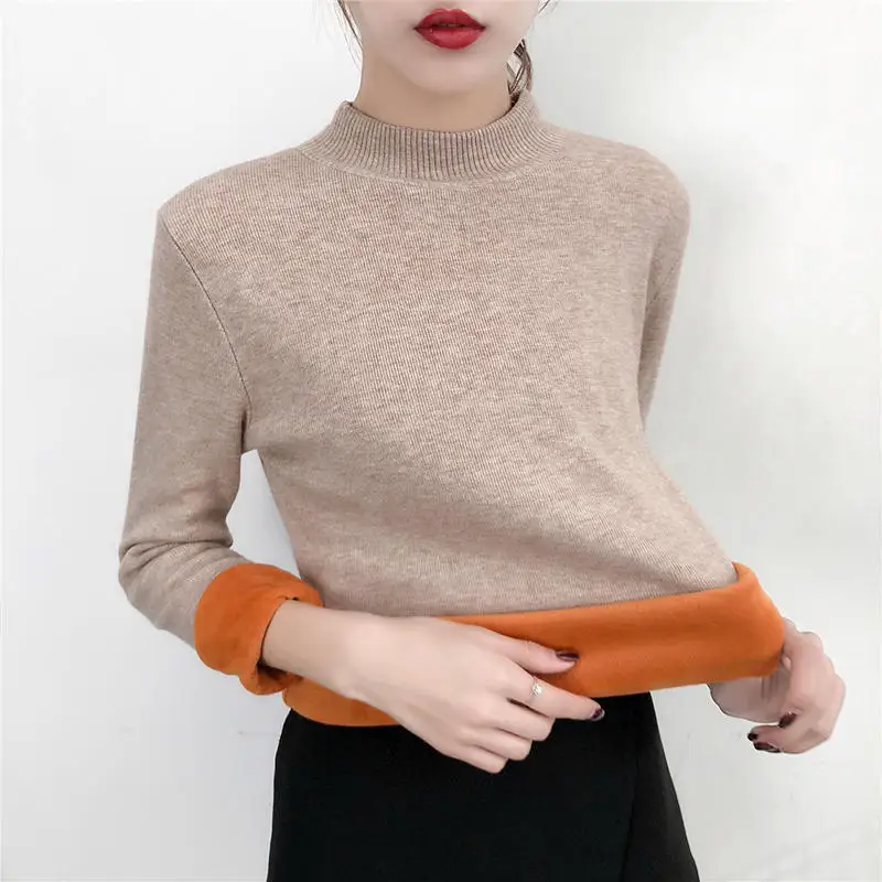 

Plus Velvet Knitted Sweater Women Elegant Casual Autumn Winter Warm Pullover Sweater Female Slim Long Sleeve Knit Sweater Q1982