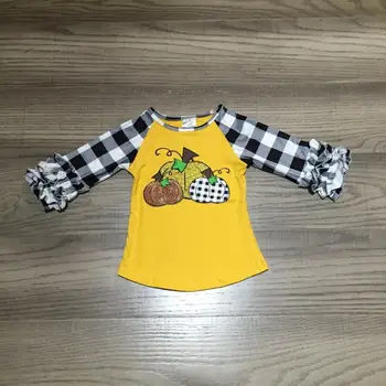 

kids Fall winter top baby girls Halloween pumpkin yellow raglans girls plaid sleeve shirt