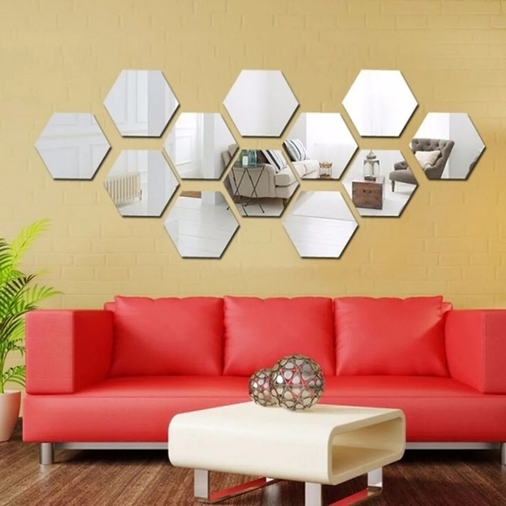 60Pcs 3D Hexagon Acrylic Mirror Wall Stickers DIY Wall Decor Gold 40x23cm