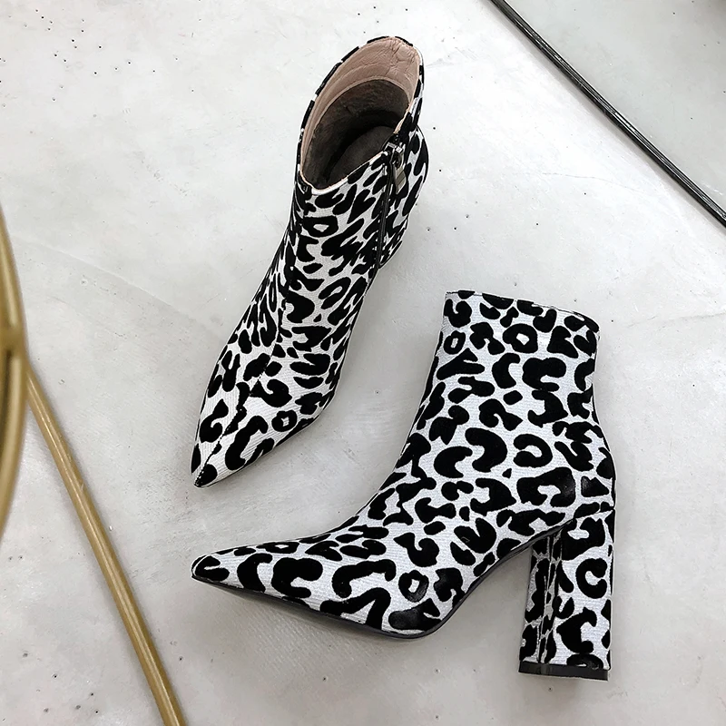 2019 Square High Heel Ankle Boots Women Faux Leather Fashion Leopard Pointed Toe Zipper Autumn Winter Woman Shoes White 39 | Обувь