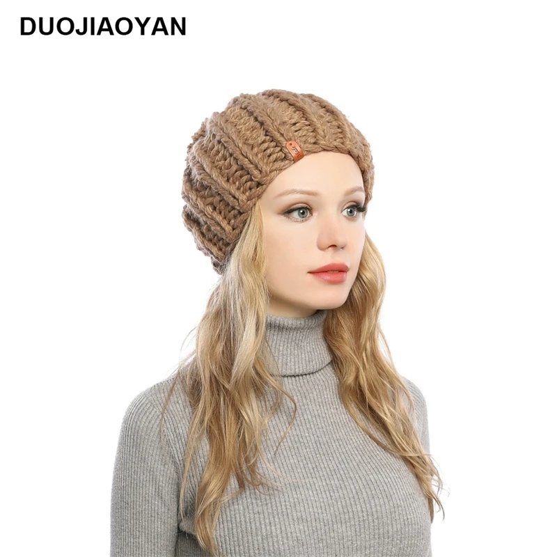 DUOJIAOYAN осенне-зимняя шерстяная шапка для России, теплая шапка для девочек, модная женская вязаная шапка, милая шапка с большим шариком
