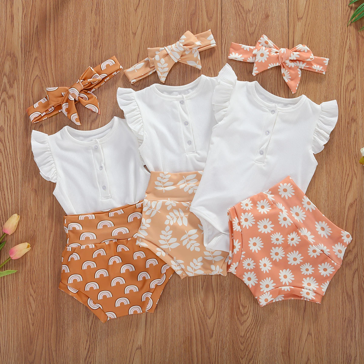 baby clothes penguin set Baby Girl Floral Clothes Sets Summer Baby Girls Ruffles Short Sleeve Romper Tops + Sun Flower Printed Shorts + Headband Outfits baby clothing set essentials