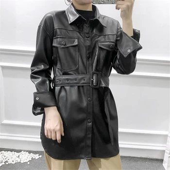 

Leather Jacket Women 2020 Black Coat Streetwear Vintage Ladies Korean Fashion Long Jacket Autumn Steampunk Moto Jackets Women