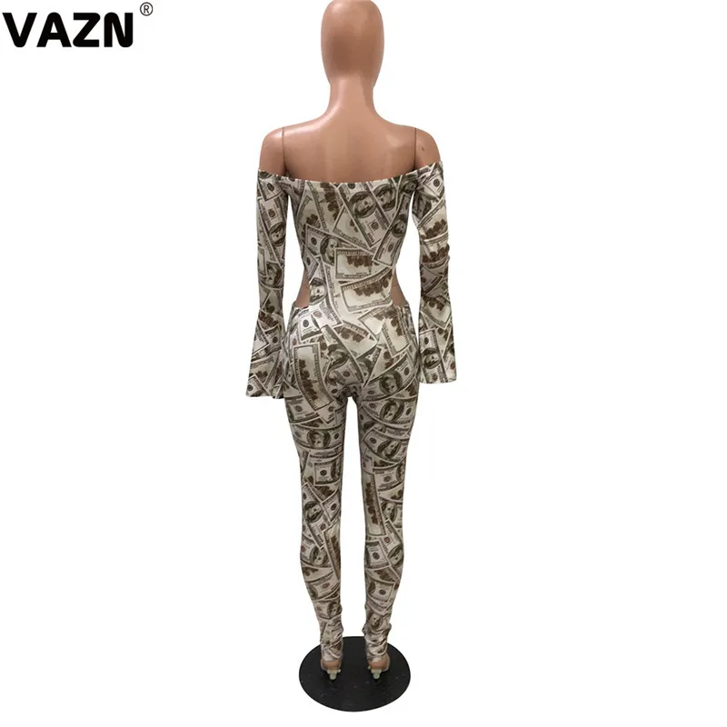 VAZN принт Slash-neck красочные новые горячие модные уличные Комбинезоны повседневные бодикон сексуальные длинные брюки тонкий длинный комбинезон
