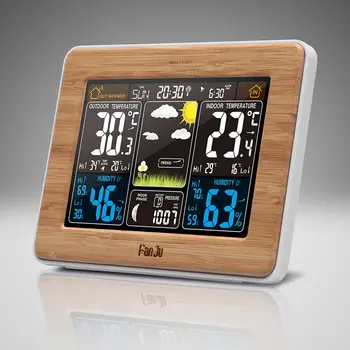 

FJ3365 -DCF Color Screen Weather Forecast Clock Bamboo Electric Wave Clock Multi-Function Electronic Rf Wireless Calendar US