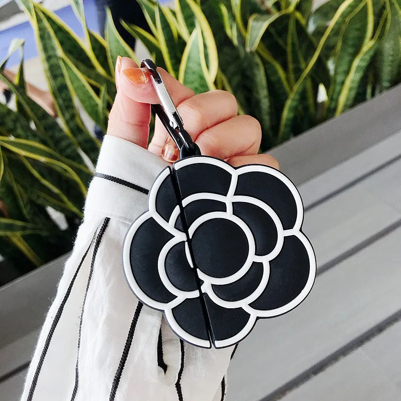 

3D Cute Luxury Black Elegent Camellia Flower Silicone Headphone Cases for Apple Airpods 1 2 Accessories Protection with Keychain