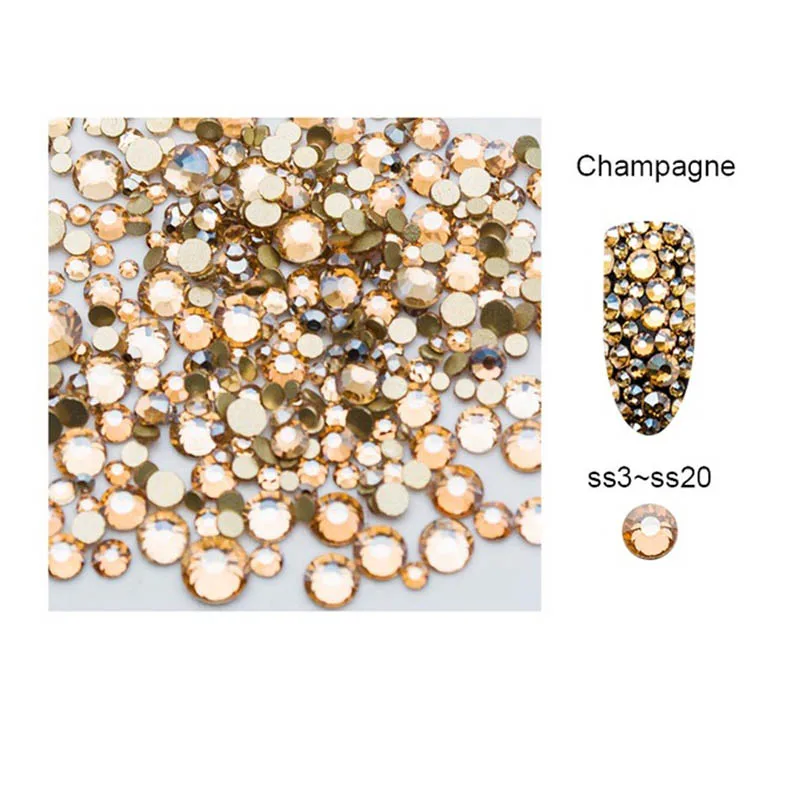 Champagne 1440pcs Zziell Стразы для ногтей AB 1440 шт смешанные стеклянные золотые плоские с оборота аксессуары для ногтей камни для маникюра - Цвет: Champagne 1440pcs