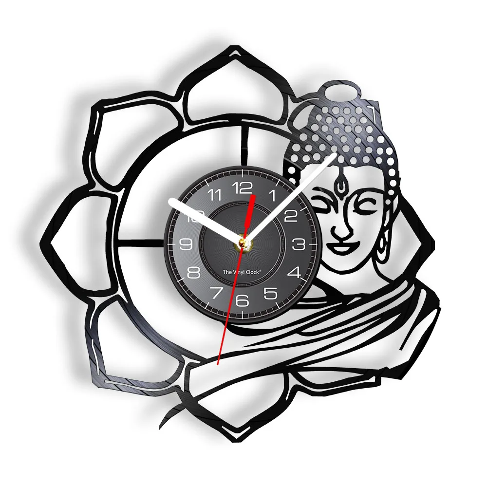 

Buddha Gramophone Record Wall Clock Buddhism Lotus Laser Etched Retro Wall Watch Timepiece With LED Illumination Disk Handicraft