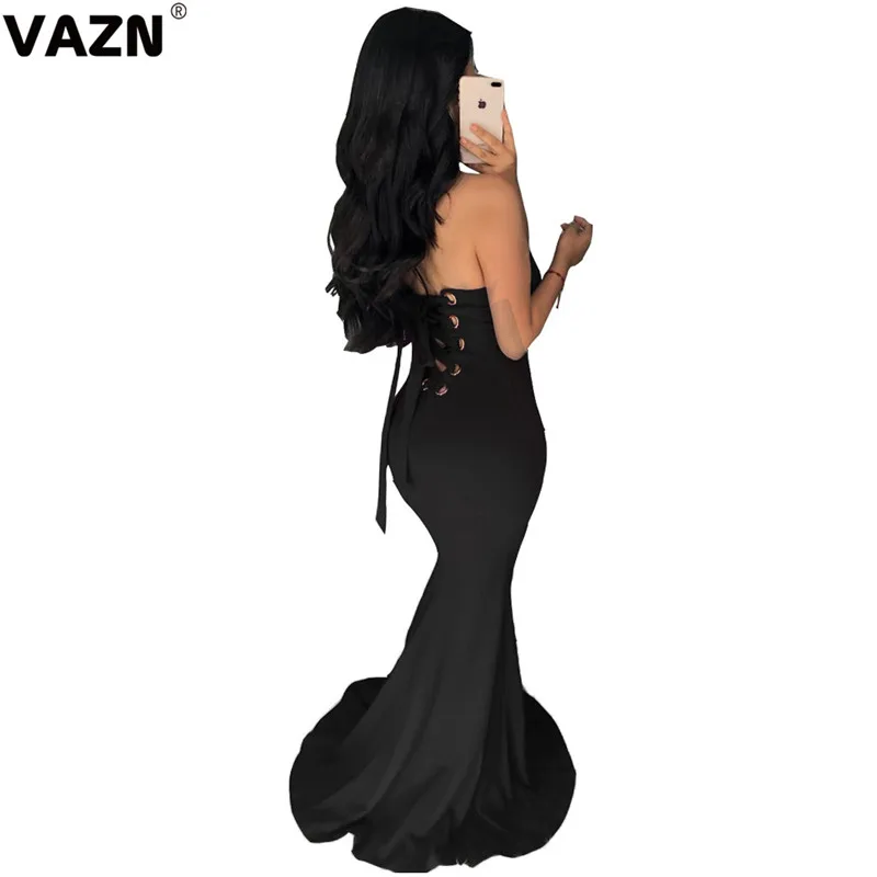 VAZN ALS060 New Young Lady Of Note Sexy Club Fashion Cross Bandage Backless Strapless High Waist Women Mermaid Maxi Dress