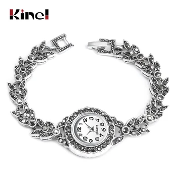 

Kinel Exquisite Crystal Floral Bracelets For Women Antique Silver Decorative Watch For Women Retro Look Turkey Jewelry 2019 New