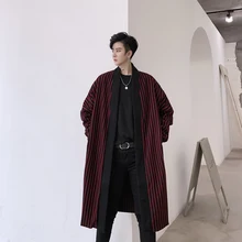 Мужской Свободный Повседневный длинный кардиган в полоску, Тренч, мужская Японская уличная куртка в стиле хип-хоп, ветровка, верхняя одежда, пальто
