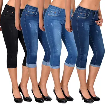 

Plus Size Fashion Summer Women High Waist Skinny Jeans Knee Length Hole Ripped Denim Capri Slim Streetwear Stretch Casual Pants