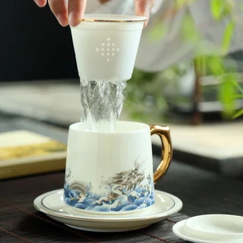 

Drinkware Cups & Saucers Ceramic cup Coffee Cup Saucer set tazas Mutton jade white porcelain Chinese tea Cup Saucer set taza new
