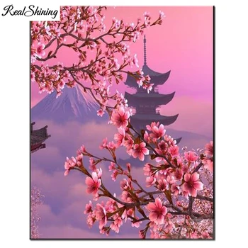 

5d Diamond Painting Cross Stitch Fuji Mountain diy Diamond Embroidery Cherry blossom, temple Mosaic new puzzle home decor F630