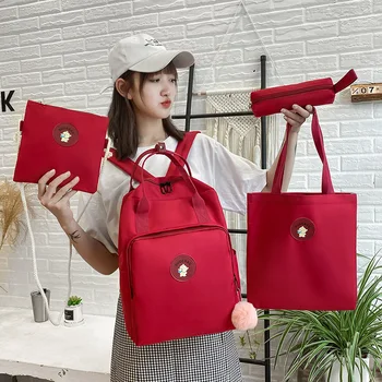

4Pcs/set Women Canvas Backpacks Cat School Bags For Teenagers Girls Student Waterproof Larger Backpack Rucksack Female Book Bags