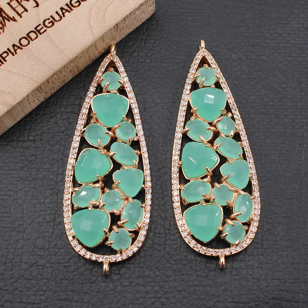 APDGG 2Pcs 19x54mm Green Jade Gold Plated Water drop Pendant Connector For Necklace Bracelet Earrings Jewelry DIY