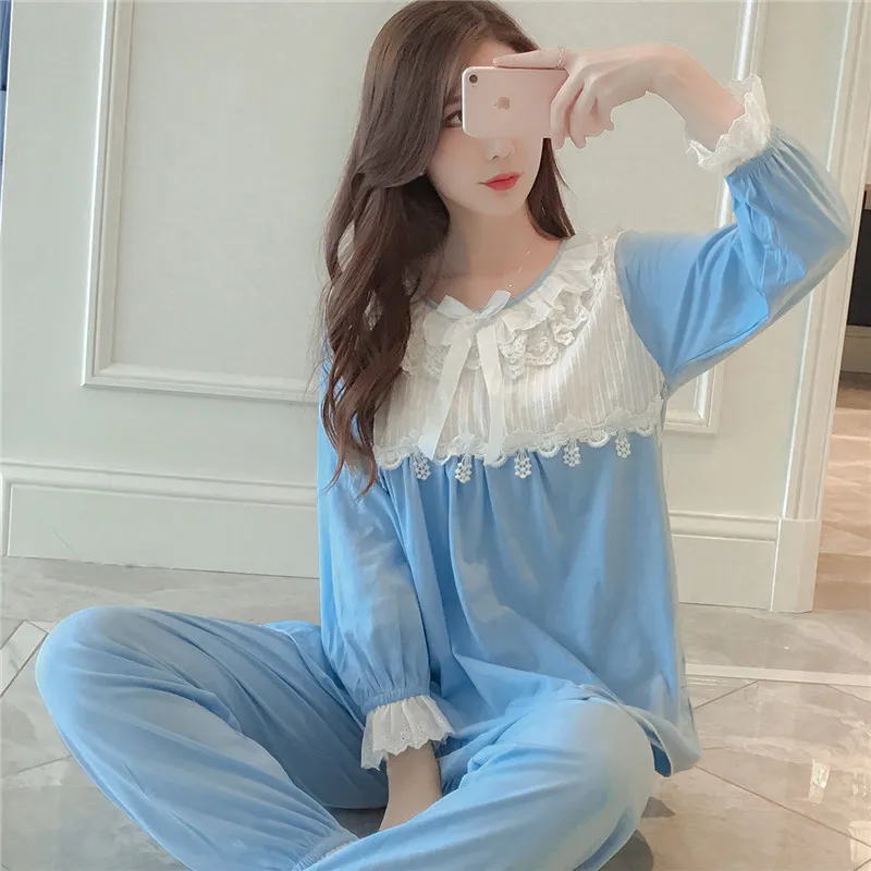 Пижамы для женщин ночное белье костюм осень сладкий милый с длинным рукавом принцесса кружево Пижама домашняя одежда милые пижамы
