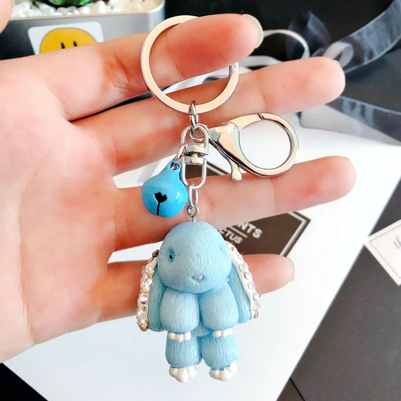 Blue Silver Милый Хрустальный брелок для ключей кролик Банни Женский Шарм сумка брелок кукла автомобиль кольцо для ключей вечерние ювелирные изделия в подарок 3066 - Цвет: Blue Silver