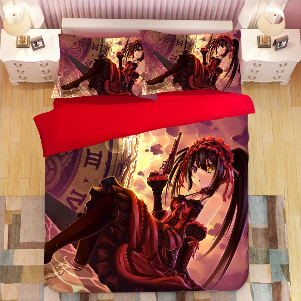 

Tokisaki Kurumi Bedding Set Cartoon Anime Duvet Covers Pillowcases 3D Printed Comforter Bedding Sets Bed Linen Bedclothes 02