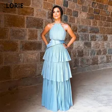 

Lorie 2021 Light Blue Satin Ruffles Long Prom Dress Halter Neck Width Sash Tiered Skirt Floor Length Evening Party Gowns
